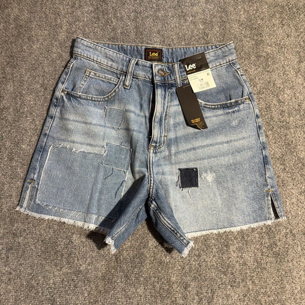 NEW Lee Heritage Blue Patchwork High Rise Jean Shorts Women Size 2 M NWT
